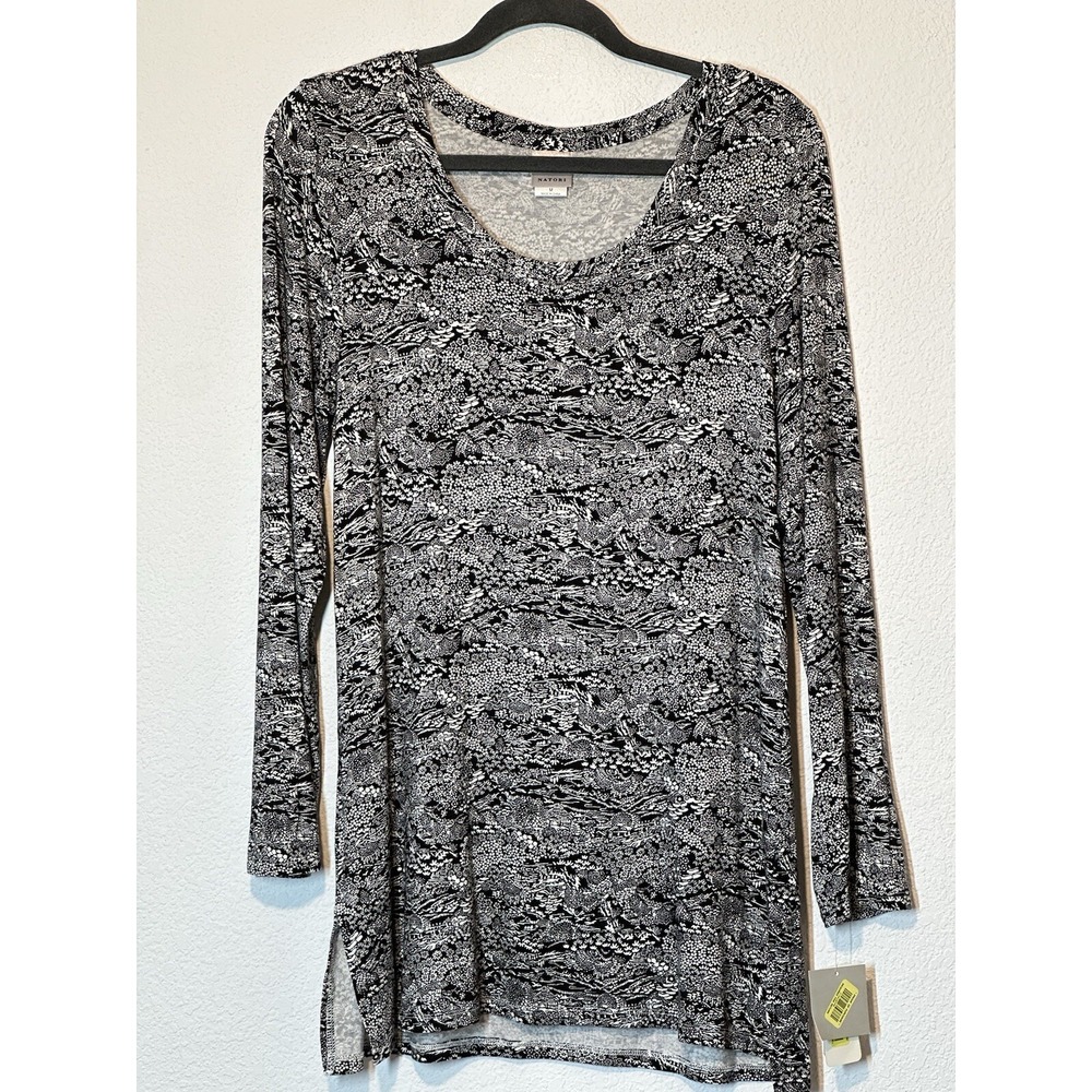 NEW Natori Womens Sz Medium Top Sleep Lounge Black White Japanese Garden Print